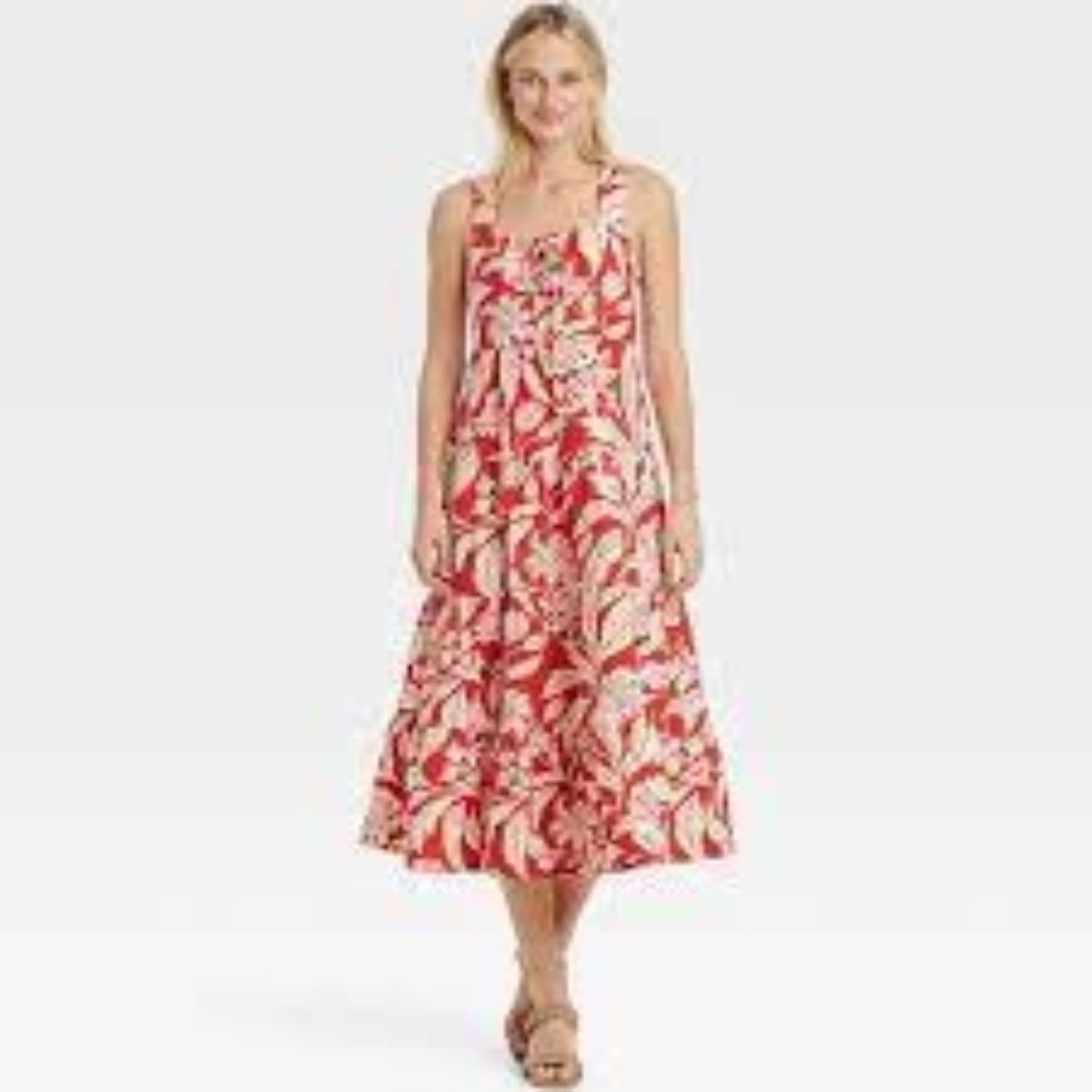 Who What Wear red floral lace up front tiered midi / maxi linen dress